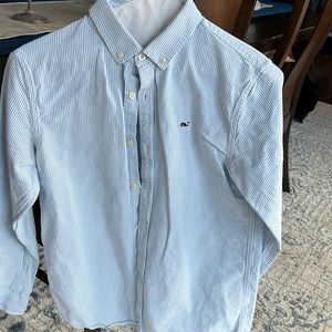 Vineyard vine blue and white striped button-down collared shirt